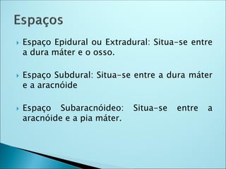  Espaço Epidural ou Extradural: Situa-se entre
a dura máter e o osso.
 Espaço Subdural: Situa-se entre a dura máter
e a aracnóide
 Espaço Subaracnóideo: Situa-se entre a
aracnóide e a pia máter.
 