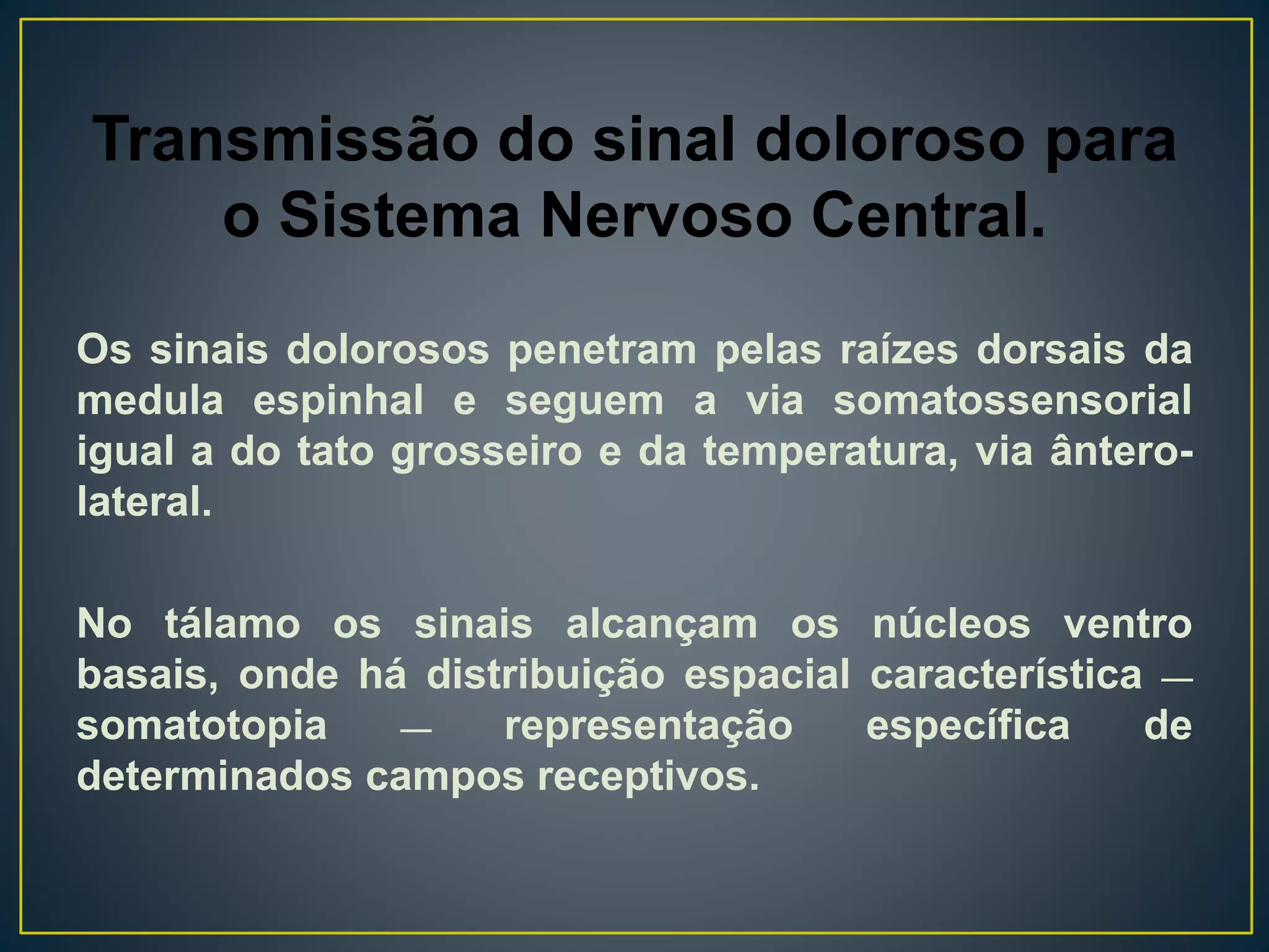 Transmissão do sinal doloroso para
o Sistema Nervoso Central.
Os sinais dolorosos penetram pelas raízes dorsais da
medula espinhal e seguem a via somatossensorial
igual a do tato grosseiro e da temperatura, via ântero-
lateral.
No tálamo os sinais alcançam os núcleos ventro
basais, onde há distribuição espacial característica __
somatotopia __ representação específica de
determinados campos receptivos.
 