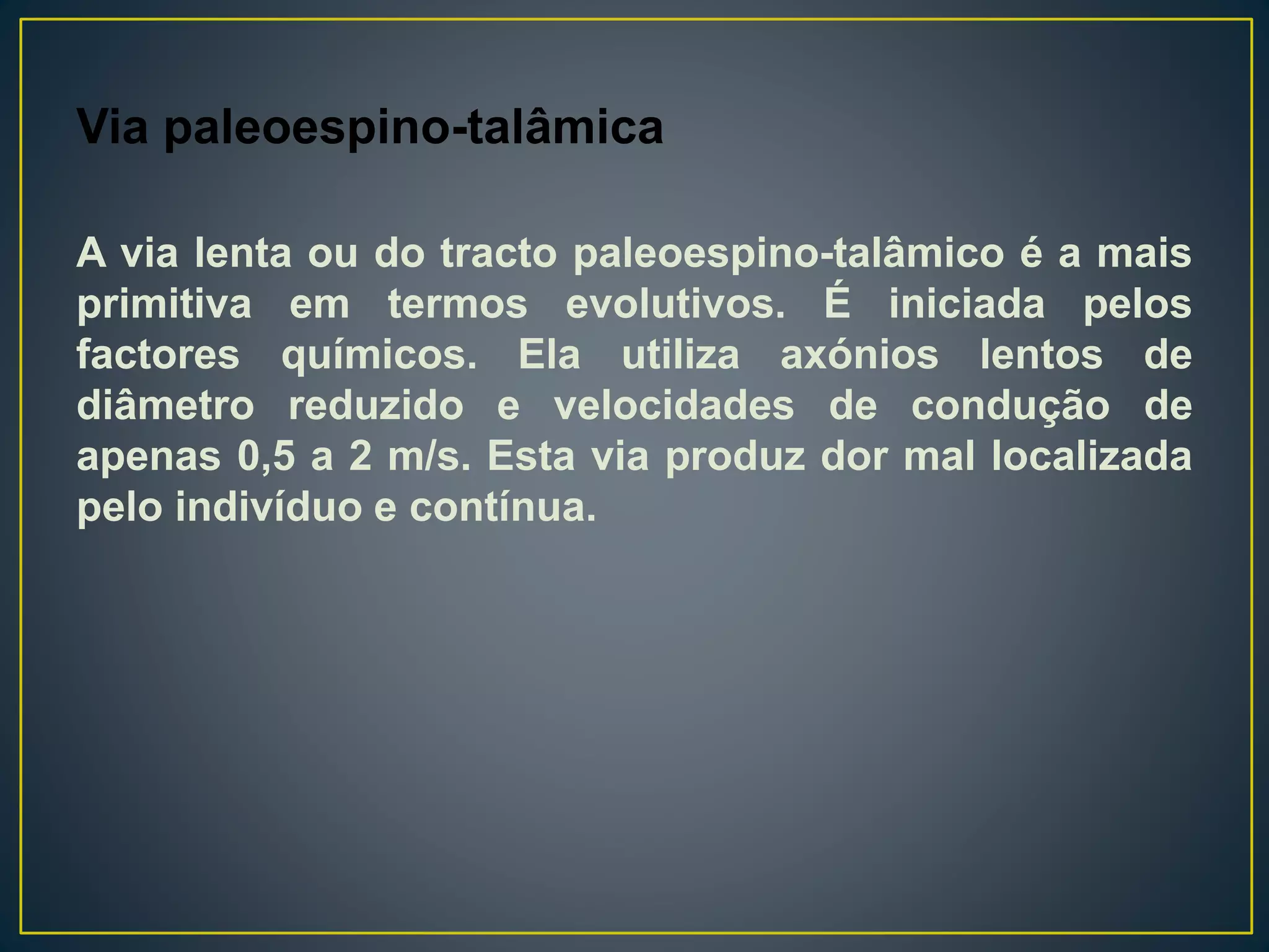 Via paleoespino-talâmica
A via lenta ou do tracto paleoespino-talâmico é a mais
primitiva em termos evolutivos. É iniciada pelos
factores químicos. Ela utiliza axónios lentos de
diâmetro reduzido e velocidades de condução de
apenas 0,5 a 2 m/s. Esta via produz dor mal localizada
pelo indivíduo e contínua.
 