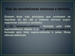 Vias de sensibilidade dolorosa e térmica
Existem duas vias principais que conduzem os
impulsos da dor até o sistema nervoso supra-
segmentar (cérebro e cerebelo):
A via neoespino-talâmica, formada pelo trato
espinotalâmico lateral, e a via paleoespino-talâmica,
formada pelo trato espino-reticular e pelas fibras
retículo-talâmicas.
 