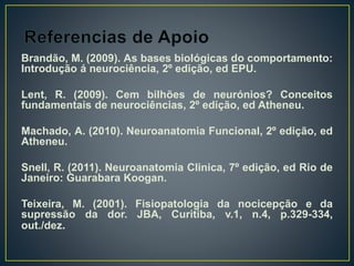Brandão, M. (2009). As bases biológicas do comportamento:
Introdução á neurociência, 2º edição, ed EPU.
Lent, R. (2009). Cem bilhões de neurónios? Conceitos
fundamentais de neurociências, 2º edição, ed Atheneu.
Machado, A. (2010). Neuroanatomia Funcional, 2º edição, ed
Atheneu.
Snell, R. (2011). Neuroanatomia Clinica, 7º edição, ed Rio de
Janeiro: Guarabara Koogan.
Teixeira, M. (2001). Fisiopatologia da nocicepção e da
supressão da dor. JBA, Curitiba, v.1, n.4, p.329-334,
out./dez.
 