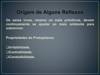 Os seres vivos, mesmo os mais primitivos, devem
continuamente se ajustar ao meio ambiente para
sobreviver.
Propriedades do Protoplasma:
Irritabilidade;
Contratilidade;
Condutibilidade.
 