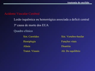 Acidente Vascular Cerebral Lesão isquêmica ou hemorrágica associada a deficit central 3 ª causa de morte dos EUA Quadro clínico Sist. Carotideo Sist. Vertebro-basilar Hemiplegia Funções vitais Afasia Disartria Transt. Visuais Alt. Do equilibrio Anatomia do encéfalo 