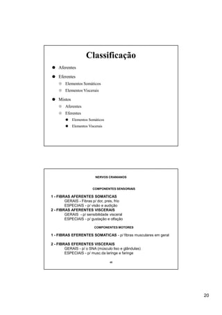 Classificação
    Aferentes

    Eferentes
        Elementos Somáticos
        Elementos Viscerais

    Mistos
        Aferentes
        Eferentes
             Elementos Somáticos
             Elementos Viscerais




                           NERVOS CRANIANOS


                         COMPONENTES SENSORIAIS

1 - FIBRAS AFERENTES SOMATICAS
        GERAIS - Fibras p/ dor, pres, frio
        ESPECIAIS - p/ visão e audição
2 - FIBRAS AFERENTES VISCERAIS
        GERAIS - p/ sensibilidade visceral
        ESPECIAIS - p/ gustação e olfação

                          COMPONENTES MOTORES

1 - FIBRAS EFERENTES SOMATICAS - p/ fibras musculares em geral

2 - FIBRAS EFERENTES VISCERAIS
        GERAIS - p/ o SNA (músculo liso e glândulas)
        ESPECIAIS - p/ musc.da laringe e faringe

                                   40




                                                                 20
 