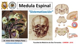 Dr. Víctor Omar Vallejos Poma
vvallejospoma@gmail.com
Medula Espinal
Facultad de Medicina de San Fernando – UNMSM - 2018
“Sistematización”
 