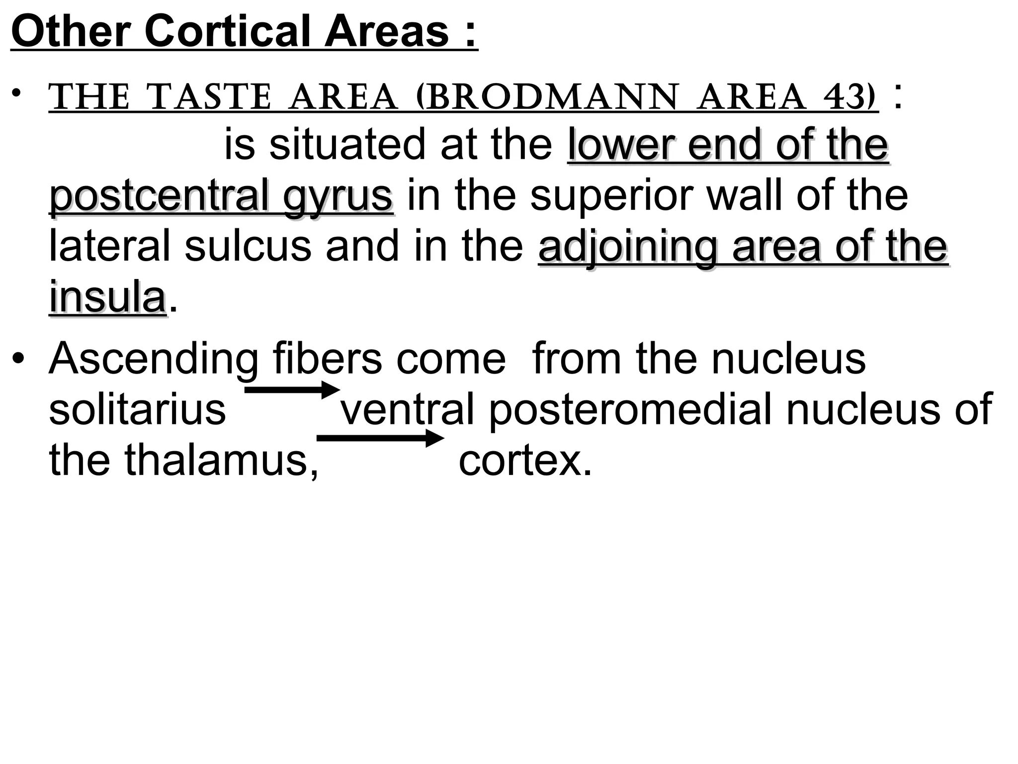 Other Cortical Areas :
• thE tastE arEa (brodmann arEa 43) :
is situated at the lower end of thelower end of the
postcentral gyruspostcentral gyrus in the superior wall of the
lateral sulcus and in the adjoining area of theadjoining area of the
insulainsula.
• Ascending fibers come from the nucleus
solitarius ventral posteromedial nucleus of
the thalamus, cortex.
 