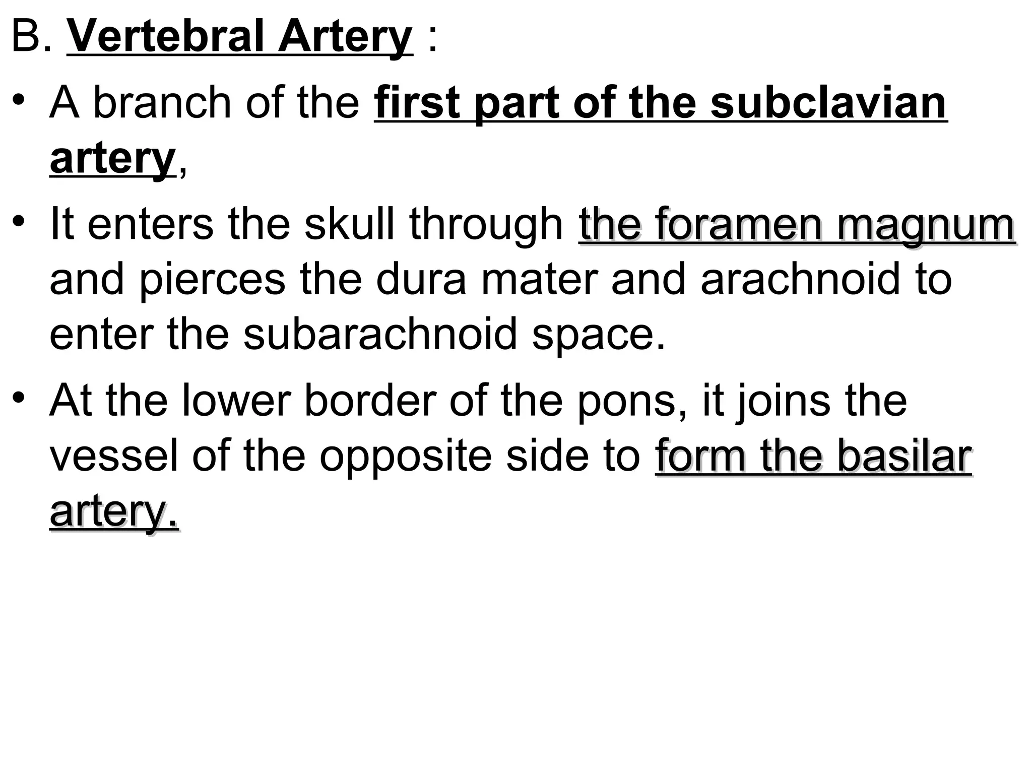 B. Vertebral Artery :
• A branch of the first part of the subclavian
artery,
• It enters the skull through the foramen magnumthe foramen magnum
and pierces the dura mater and arachnoid to
enter the subarachnoid space.
• At the lower border of the pons, it joins the
vessel of the opposite side to form the basilarform the basilar
artery.artery.
 