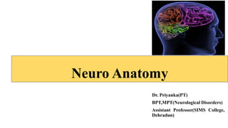 Neuro Anatomy
Dr. Priyanka(PT)
BPT,MPT(Neurological Disorders)
Assistant Professor(SIMS College,
Dehradun)
 