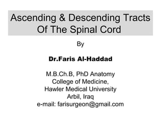 Ascending & Descending Tracts
Of The Spinal Cord
By
Dr.Faris Al-Haddad
M.B.Ch.B, PhD Anatomy
College of Medicine,
Hawler Medical University
Arbil, Iraq
e-mail: farisurgeon@gmail.com
 