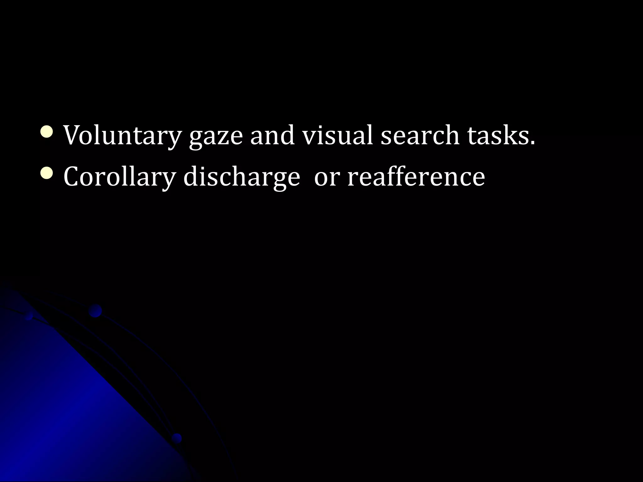  Voluntary gaze and visual search tasks.Voluntary gaze and visual search tasks.
 Corollary discharge or reafferenceCorollary discharge or reafference
 