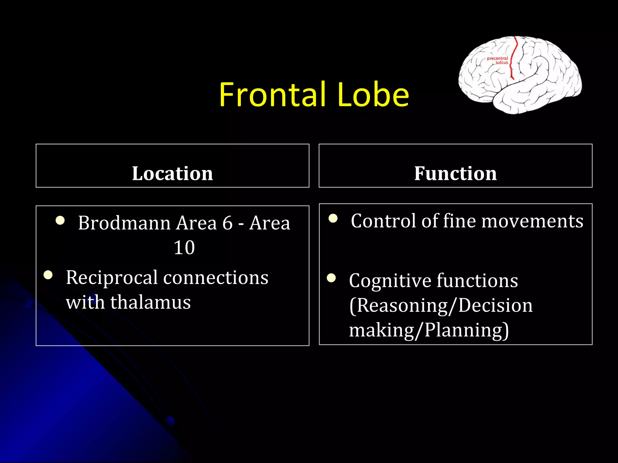 Frontal Lobe
LocationLocation
 Brodmann Area 6 - AreaBrodmann Area 6 - Area
1010
 Reciprocal connectionsReciprocal connections
with thalamuswith thalamus
FunctionFunction
 Control of fine movementsControl of fine movements
 Cognitive functionsCognitive functions
(Reasoning/Decision(Reasoning/Decision
making/Planning)making/Planning)
 