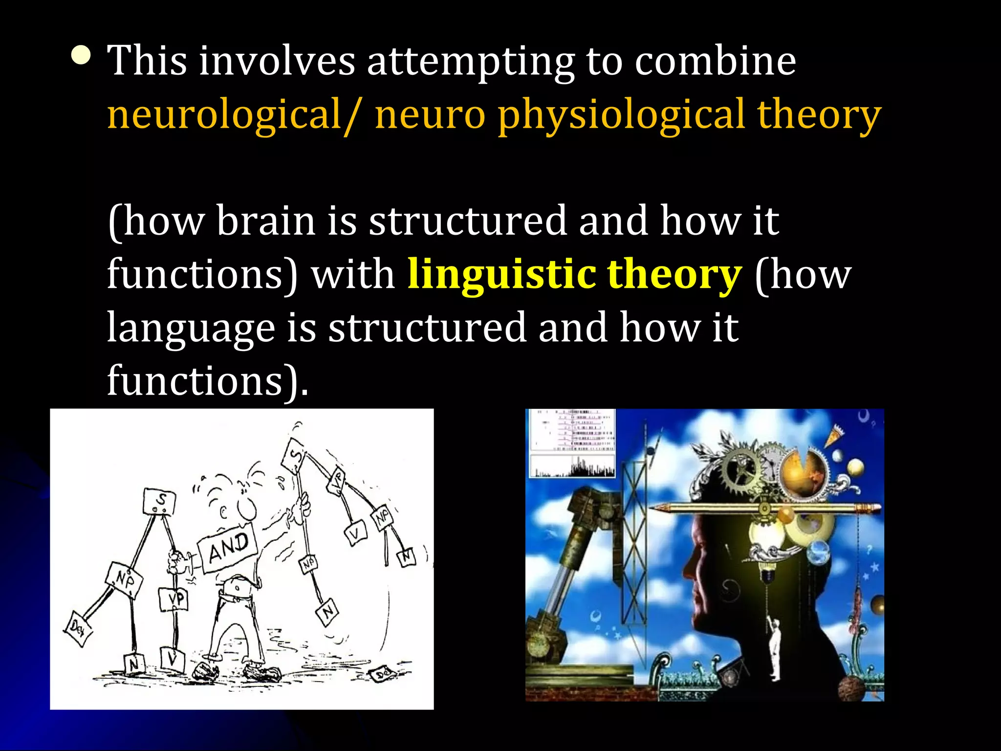  This involves attempting to combineThis involves attempting to combine
neurological/ neuro physiological theory
(how brain is structured and how it(how brain is structured and how it
functions) withfunctions) with linguistic theorylinguistic theory (how(how
language is structured and how itlanguage is structured and how it
functions).functions).
 