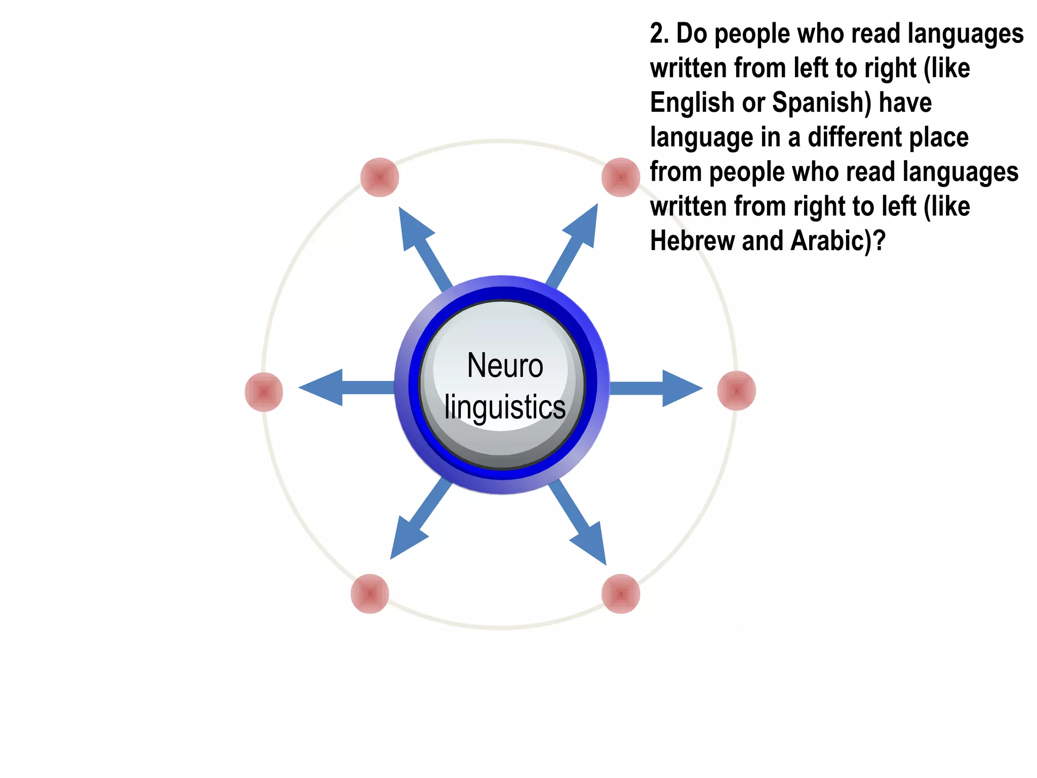 2. Do people who read languages
written from left to right (like
English or Spanish) have
language in a different place
from people who read languages
written from right to left (like
Hebrew and Arabic)?
Neuro
linguistics
 