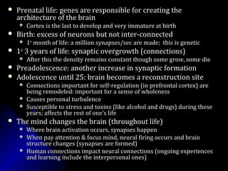  Prenatal life: genes are responsible for creating thePrenatal life: genes are responsible for creating the
architecture of the brainarchitecture of the brain
 Cortex is the last to develop and very immature at birthCortex is the last to develop and very immature at birth
 Birth: excess of neurons but not inter-connectedBirth: excess of neurons but not inter-connected
 11stst
month of life: a million synapses/sec are made; this is geneticmonth of life: a million synapses/sec are made; this is genetic
 11stst
3 years of life: synaptic overgrowth (connections)3 years of life: synaptic overgrowth (connections)
 After this the density remains constant though some grow, some dieAfter this the density remains constant though some grow, some die
 Preadolescence: another increase in synaptic formationPreadolescence: another increase in synaptic formation
 Adolescence until 25: brain becomes a reconstruction siteAdolescence until 25: brain becomes a reconstruction site
 Connections important for self-regulation (in prefrontal cortex) areConnections important for self-regulation (in prefrontal cortex) are
being remodeled: important for a sense of wholenessbeing remodeled: important for a sense of wholeness
 Causes personal turbulenceCauses personal turbulence
 Susceptible to stress and toxins (like alcohol and drugs) during theseSusceptible to stress and toxins (like alcohol and drugs) during these
years; affects the rest of one’s lifeyears; affects the rest of one’s life
 The mind changes the brain (throughout life)The mind changes the brain (throughout life)
 Where brain activation occurs, synapses happenWhere brain activation occurs, synapses happen
 When pay attention & focus mind, neural firing occurs and brainWhen pay attention & focus mind, neural firing occurs and brain
structure changes (synapses are formed)structure changes (synapses are formed)
 Human connections impact neural connections (ongoing experiencesHuman connections impact neural connections (ongoing experiences
and learning include the interpersonal ones)and learning include the interpersonal ones)
adapted from Dr. Daniel Siegel, UCLA
 