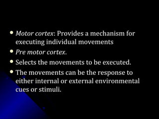  Motor cortexMotor cortex: Provides a mechanism for: Provides a mechanism for
executing individual movementsexecuting individual movements
 Pre motor cortexPre motor cortex..
 Selects the movements to be executed.Selects the movements to be executed.
 The movements can be the response toThe movements can be the response to
either internal or external environmentaleither internal or external environmental
cues or stimuli.cues or stimuli.
 