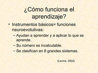 ¿Cómo funciona el aprendizaje? Instrumentos básicos= funciones neuroevolutivas: Ayudan a aprender y a aplicar lo que se aprende. Su número es incalculable. Se clasifican en 8 grandes sistemas. (Levine, 2002)  