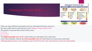 Glassgow Coma Scale…….
There are many different assessment tools for neurological function, however,
the most widely known and used tool is the Glasgow Coma Scale (GCS).
The patient is assessed and scored in three areas:
1.Eye opening
2.Verbal response
3.Motor response.
The highest possible score is 15, which reflects an individual who is fully alert,
aware and orientated, whereas the lowest possible score is 3 and reflects an unconscious individual.
Although pupil reaction is not included as part of the GCS, but is the vital element to assess the abnormality
 