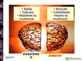 Emoção Criatividade Aberto às mudanças  Razão Cálculos Resistente às mudanças ESQUERDO DIREITO 