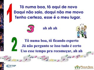 Tô numa boa, tô aqui de novo Daqui não saio, daqui não me movo Tenho certeza, esse é o meu lugar ,  1 2 3 3 ah ah ah Tô numa boa, tô ficando esperto Já não pergunto se isso tudo é certo Uso esse tempo pra recomeçar, ah ah 