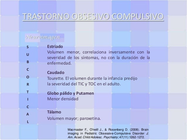 TRASTORNO OBSESIVO COMPULSIVO
Neuroimagen
S
U

B
C
O
R
T
I

Estriado
Volumen menor, correlaciona inversamente con la
sever...