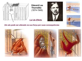 Edward Lee 
Thorndike 
(1874-1949). 
Lei do Efeito 
Um ato pode ser alterado na sua força por suas consequências 
 