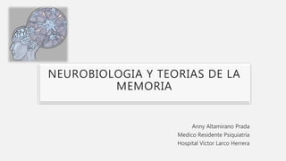 NEUROBIOLOGIA Y TEORIAS DE LA
MEMORIA
Anny Altamirano Prada
Medico Residente Psiquiatría
Hospital Víctor Larco Herrera
 