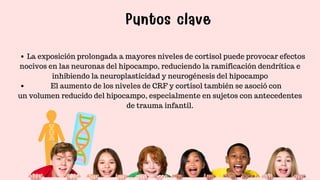 La exposición prolongada a mayores niveles de cortisol puede provocar efectos
El aumento de los niveles de CRF y cortisol también se asoció con
nocivos en las neuronas del hipocampo, reduciendo la ramificación dendrítica e
inhibiendo la neuroplasticidad y neurogénesis del hipocampo
un volumen reducido del hipocampo, especialmente en sujetos con antecedentes
de trauma infantil.
Puntos clave
 