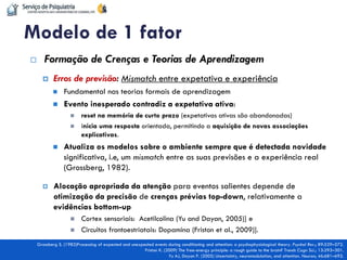  Formação de Crenças e Teorias de Aprendizagem 
Erros de previsão: Mismatch entre expetativa e experiência 
Fundamental nas teorias formais de aprendizagem 
Evento inesperado contradiz a expetativa ativa: 
reset na memória de curto prazo (expetativas ativas são abandonadas) 
inicia uma resposta orientada, permitindo a aquisição de novas associações explicativas. 
Atualiza os modelos sobre o ambiente sempre que é detectada novidade significativa, i.e, um mismatch entre as suas previsões e a experiência real (Grossberg, 1982). 
Alocação apropriada da atenção para eventos salientes depende de otimização da precisão de crenças prévias top-down, relativamente a evidências bottom-up 
Cortex sensoriais: Acetilcolina (Yu and Dayan, 2005)] e 
Circuitos frontoestriatais: Dopamina (Friston et al., 2009)]. 
Modelo de 1 fator 
Grossberg S. (1982)Processing of expected and unexpected events during conditioning and attention: a psychophysiological theory. Psychol Rev.; 89:529–572. Friston K. (2009) The free-energy principle: a rough guide to the brain? Trends Cogn Sci.; 13:293–301. Yu AJ, Dayan P. (2005) Uncertainty, neuromodulation, and attention. Neuron; 46:681–692.  