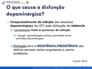 Comprometimento da inibição dos neurónios dopaminérgicos da ATV pela disfunção da habénula 
 normalmente inicia os processos de extinção 
 “apaga” aprendizagens prévias, permitindo novas previsões/aprendizagens 
Disfunção leva à RESISTÊNCIA/PERSISTÊNCIA dos delírios perante contra-argumentos e contra- evidências 
(Colrett, 2010) 
O que causa a disfunção dopaminérgica? 
Colrett P. R. et al (2010). Towards a neurobiology of delusions. Prog Neurobiol. 2010 November ; 92(3): 345–369  
