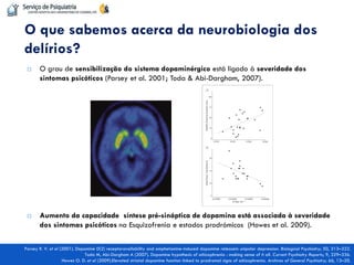 O grau de sensibilização do sistema dopaminérgico está ligado à severidade dos sintomas psicóticos (Parsey et al. 2001; Toda & Abi-Dargham, 2007). 
Aumento da capacidade síntese pré-sináptica de dopamina está associada à severidade dos sintomas psicóticos na Esquizofrenia e estados prodrómicos (Howes et al. 2009). 
O que sabemos acerca da neurobiologia dos delírios? 
Parsey R. V. et al (2001). Dopamine D(2) receptoravailability and amphetamine-induced dopamine releasein unipolar depression. Biological Psychiatry; 50, 313–322. 
Toda M, Abi-Dargham A (2007). Dopamine hypothesis of schizophrenia : making sense of it all. Current Psychiatry Reports; 9, 329–336. 
Howes O. D. et al (2009).Elevated striatal dopamine function linked to prodromal signs of schizophrenia. Archives of General Psychiatry; 66, 13–20.  