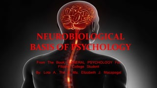NEUROBIOLOGICAL
BASIS OF PSYCHOLOGY
From The Book: GENERAL PSYCHOLOGY For
Filipino College Student
By: Lota A. The & Ma. Elizabeth J. Macapagal
 