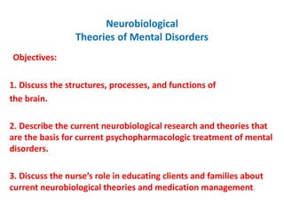 Neurobiological
Theories of Mental Disorders
Objectives:
1. Discuss the structures, processes, and functions of
the brain.
2. Describe the current neurobiological research and theories that
are the basis for current psychopharmacologic treatment of mental
disorders.
3. Discuss the nurse’s role in educating clients and families about
current neurobiological theories and medication management.
 