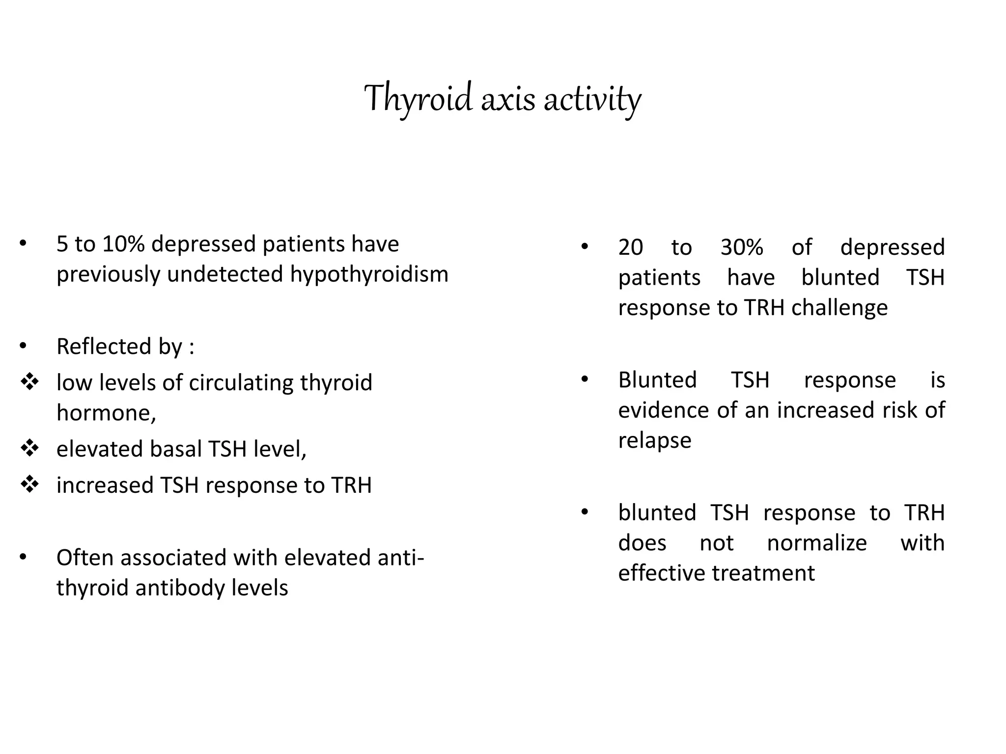 Thyroid axis activity
• 5 to 10% depressed patients have
previously undetected hypothyroidism
• Reflected by :
 low levels of circulating thyroid
hormone,
 elevated basal TSH level,
 increased TSH response to TRH
• Often associated with elevated anti-
thyroid antibody levels
• 20 to 30% of depressed
patients have blunted TSH
response to TRH challenge
• Blunted TSH response is
evidence of an increased risk of
relapse
• blunted TSH response to TRH
does not normalize with
effective treatment
 