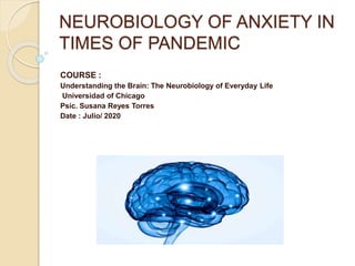 NEUROBIOLOGY OF ANXIETY IN
TIMES OF PANDEMIC
COURSE :
Understanding the Brain: The Neurobiology of Everyday Life
Universidad of Chicago
Psic. Susana Reyes Torres
Date : Julio/ 2020
 