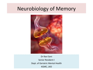 Neurobiology of Memory
Dr Ravi Soni
Senior Resident-I
Dept. of Geriatric Mental Health
KGMC, LKO
 