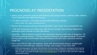 PROGNOSIS AT PRESENTATION
• Infants more commonly present with thoracic and cervical tumors, whereas older children
more frequently have abdominal tumors.
• ~70-80% of patients >18 months present with metastatic disease
• lymph nodes, liver, bone, and bone marrow
• Patients with localized tumours have an 80-90% 3-year event-free survival [EFS] rate
• <50% with metastasis are cured, even with the use of high-dose therapy followed by
autologous bone marrow or stem cell rescue.
• Generally, >50% of patients present with metastatic disease at the time of diagnosis, 20-
25% have localized disease, 15% have regional extension, and approximately 7% present
during infancy with disseminated disease limited to the skin, liver, and bone marrow
(stage 4S).
• The 3-year EFS for high-risk patients, those with disseminated disease, treated with
conventional chemotherapy, radiation therapy, and surgery is less than 20%.
• Differentiating agents and dose intensification of active drugs, followed by autologous bone marrow
transplant, have been reported to improve the outcome for these patients, contributing to an EFS of
38%. A single-arm study of tandem stem cell transplantation: 3-year EFS of 58%, with other ongoing
randomized studies
 