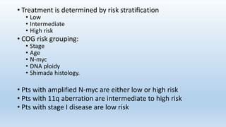 • Treatment is determined by risk stratification
• Low
• Intermediate
• High risk
• COG risk grouping:
• Stage
• Age
• N-myc
• DNA ploidy
• Shimada histology.
• Pts with amplified N-myc are either low or high risk
• Pts with 11q aberration are intermediate to high risk
• Pts with stage I disease are low risk
 