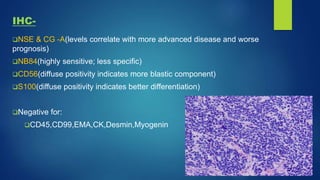 IHC-
NSE & CG -A(levels correlate with more advanced disease and worse
prognosis)
NB84(highly sensitive; less specific)
CD56(diffuse positivity indicates more blastic component)
S100(diffuse positivity indicates better differentiation)
Negative for:
CD45,CD99,EMA,CK,Desmin,Myogenin
 