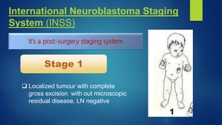 International Neuroblastoma Staging
System (INSS)
 Localized tumour with complete
gross excision with out microscopic
residual disease, LN negative
It’s a post-surgery staging system
 