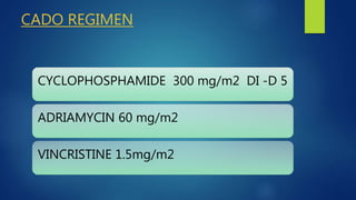 CADO REGIMEN
CYCLOPHOSPHAMIDE 300 mg/m2 DI -D 5
ADRIAMYCIN 60 mg/m2
VINCRISTINE 1.5mg/m2
 