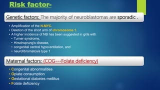 Risk factor-
Genetic factors: The majority of neuroblastomas are sporadic .
• Amplification of the N-MYC.
• Deletion of the short arm of chromosome 1.
• A higher incidence of NB has been suggested in girls with
• Turner syndrome,
• Hirschsprung's disease,
• congenital central hypoventilation, and
• neurofibromatosis type 1
Maternal factors: (COG---Folate deficiency)
• Congenital abnormalities
• Opiate consumption
• Gestational diabetes mellitus
• Folate deficiency
 