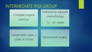 INTERMEDIATE RISK GROUP
Complete surgical
resection
Followed by adjuvant
chemotherapy
12 – 24 weeks
Unresectable cases, 5
cycles of chemo
Second look surgery
 