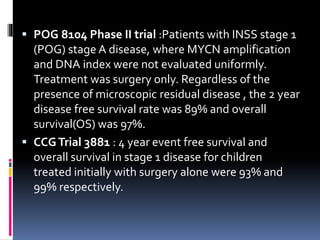  POG 8104 Phase II trial :Patients with INSS stage 1
(POG) stage A disease, where MYCN amplification
and DNA index were not evaluated uniformly.
Treatment was surgery only. Regardless of the
presence of microscopic residual disease , the 2 year
disease free survival rate was 89% and overall
survival(OS) was 97%.
 CCGTrial 3881 : 4 year event free survival and
overall survival in stage 1 disease for children
treated initially with surgery alone were 93% and
99% respectively.
 