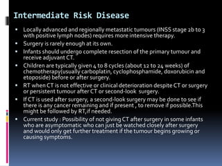 Intermediate Risk Disease
 Locally advanced and regionally metastatic tumours (INSS stage 2b to 3
with positive lymph nodes) requires more intensive therapy.
 Surgery is rarely enough at its own.
 Infants should undergo complete resection of the primary tumour and
receive adjuvant CT.
 Children are typically given 4 to 8 cycles (about 12 to 24 weeks) of
chemotherapy(usually carboplatin, cyclophosphamide, doxorubicin and
etoposide) before or after surgery.
 RT when CT is not effective or clinical deterioration despite CT or surgery
or persistent tumour after CT or second-look surgery.
 If CT is used after surgery, a second-look surgery may be done to see if
there is any cancer remaining and if present , to remove if possible.This
might be followed by RT,if needed.
 Current study : Possibility of not givingCT after surgery in some infants
who are asymptomatic who can just be watched closely after surgery
and would only get further treatment if the tumour begins growing or
causing symptoms.
 