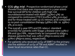  CCG-3891 trial : Prospective randomised phase 3 trial
showed that there was improvement in 3-year event-
free survival (EFS) for children with high-risk
neuroblastoma treated with ABMT (34%+/-4%) as
compared to continuous CT(CC)(22%+/-4%), p=0.034)
and for those treated with 13-cis-retinoic acid compared
to no post-consolidation therapy (46%+/-6% vs 29%+/-
5%, p=0.027).
 The overall 5-year EFS and OS rates+/- standard
error(SE) for patients with Stage 3 disease were 55%+/-
6% and 59+/-6% , respectively as compared to stage 4
disease patients that was 21%+/-3%(p<0.0001) and
32%+/-3%(p<0.0001), respectively.
 For patients who received 10Gy of EBRT to the primary
site the addition of 10 Gy ofTBI and ABMT resulted in
lower local recurrence rates than CC.
 