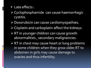 Late effects :
 Cyclophosphamide can cause haemorrhagic
cystitis.
 Doxorubicin can cause cardiomyopathies.
 Cisplatin and carboplatin affect the kidneys.
 RT in younger children can cause growth
abnormalities , secondary malignancies.
 RT in chest may cause heart or lung problems
in some children when they grow older.RT to
abdomen in girls may cause damage to
ovaries and thus infertility.
 