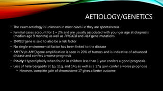AETIOLOGY/GENETICS
• The exact aetiology is unknown in most cases i.e they are spontaneous
• Familial cases account for 1 – 2% and are usually associated with younger age at diagnosis
(median age 9 months) as well as PHOX2B and ALK gene mutations
• BARD2 gene is said to also be a risk factor
• No single environmental factor has been linked to the disease
• MYCN (n-MYC) gene amplification is seen in 20% of tumors and is indicative of advanced
disease and confers a worse prognosis
• Ploidy: Hyperdiploidy when found in children less than 1 year confers a good prognosis
• Loss of heterozygosity at 1p, 11q, and 14q as well as a 17q gain confer a worse prognosis
• However, complete gain of chromosome 17 gives a better outcome
 