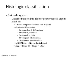 • Shimada system
- Classified tumors into good or poor prognosis groups
based on:
 Stromal component (Stroma rich or poor)
 Grade of differentiation
- Stroma rich, well differentiated
- Stroma rich, intermixed
- Stroma rich, nodular
- Stroma poor, differentiating
- Stroma Poor, undifferentiated
 MKI (Mitosis – Karyorrhexis Index)
 Age (< 18mo, 18 – 60mo, > 60mo)
Shimada et al. JNCI 1984
Histologic classification
 