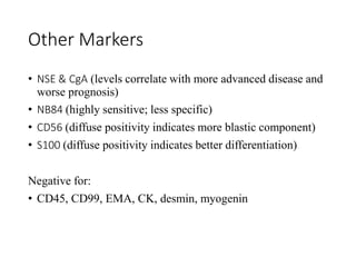 Other Markers
• NSE & CgA (levels correlate with more advanced disease and
worse prognosis)
• NB84 (highly sensitive; less specific)
• CD56 (diffuse positivity indicates more blastic component)
• S100 (diffuse positivity indicates better differentiation)
Negative for:
• CD45, CD99, EMA, CK, desmin, myogenin
 