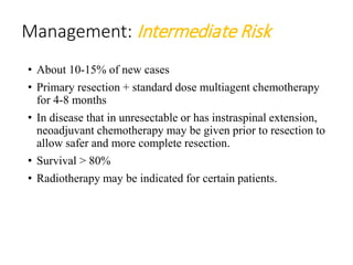 • About 10-15% of new cases
• Primary resection + standard dose multiagent chemotherapy
for 4-8 months
• In disease that in unresectable or has instraspinal extension,
neoadjuvant chemotherapy may be given prior to resection to
allow safer and more complete resection.
• Survival > 80%
• Radiotherapy may be indicated for certain patients.
Management: Intermediate Risk
 